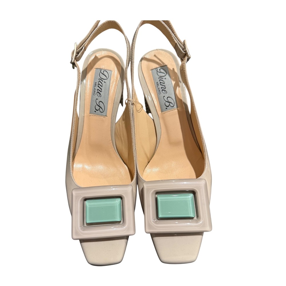 Diane B. Milano Beige Patent Leather Slingback Block Heel Checkerboard 37.5/7.5 - Picture 3 of 6
